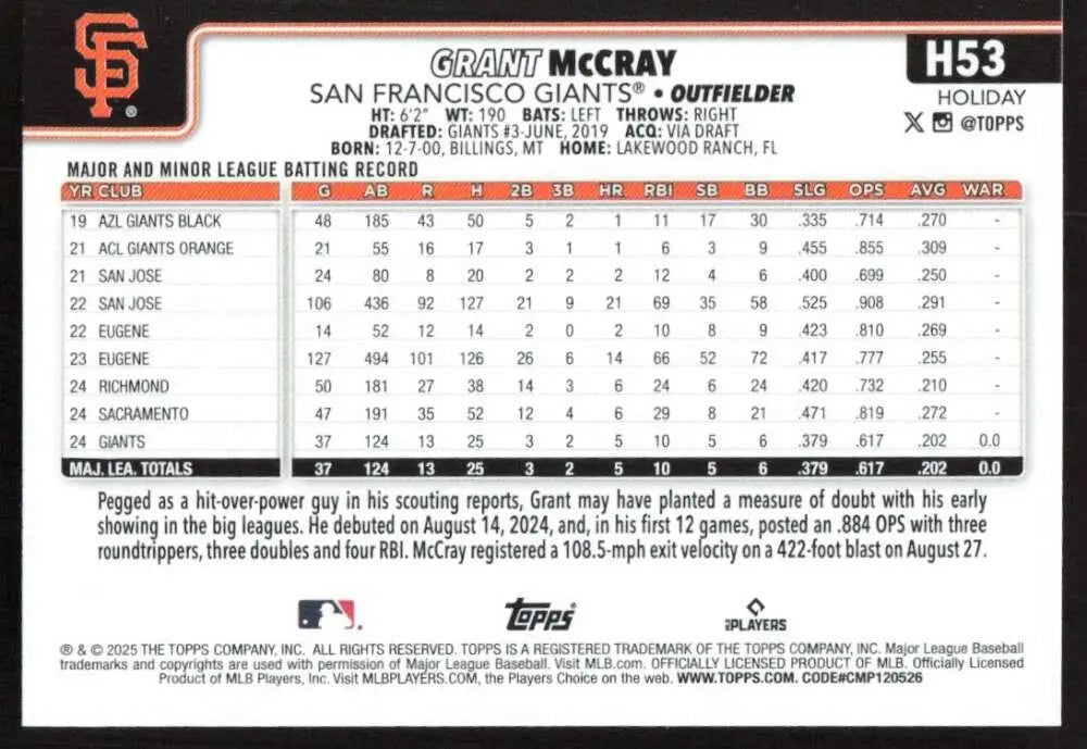 2025 Topps Holiday #H53 Grant McCray NM-MT RC Rookie San Francisco Giants Baseball Card - Baseball Card Single