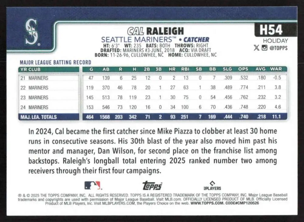 2025 Topps Holiday #H54 Cal Raleigh NM-MT Seattle Mariners Baseball Card - Baseball Card Single