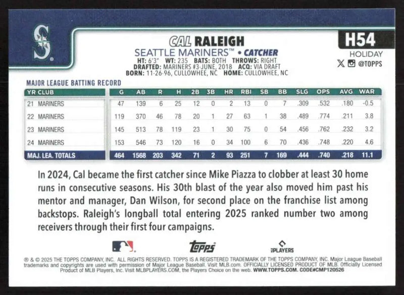2025 Topps Holiday #H54 Cal Raleigh NM-MT Seattle Mariners Baseball Card - Baseball Card Single