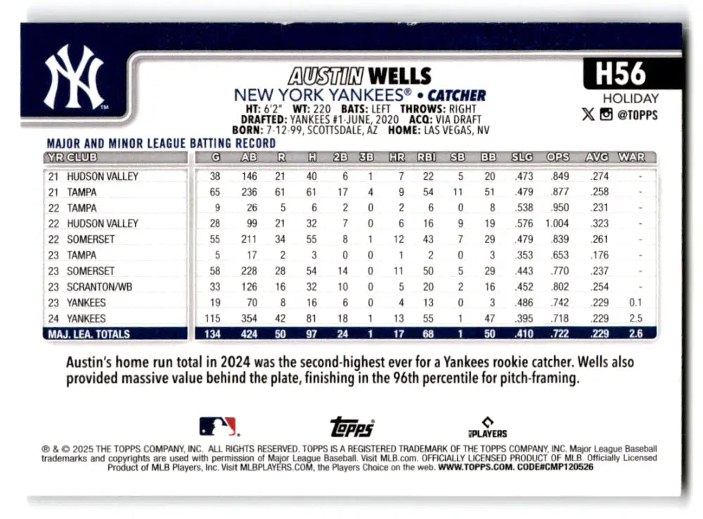 2025 Topps Holiday #H56 Austin Wells NM-MT New York Yankees Baseball Card - Baseball Card Single