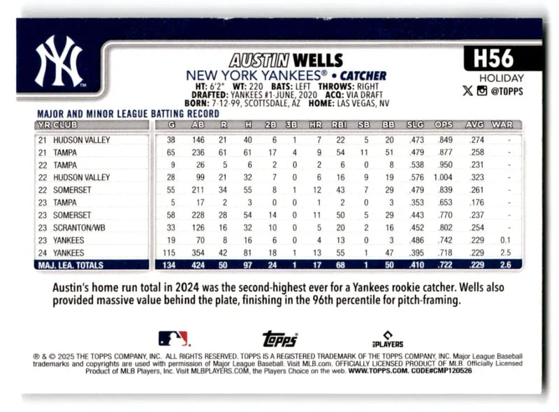 2025 Topps Holiday #H56 Austin Wells NM-MT New York Yankees Baseball Card - Baseball Card Single