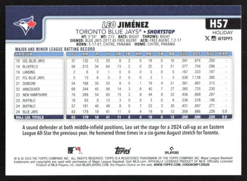 2025 Topps Holiday #H57 Leo Jimenez NM-MT RC Rookie Blue Jays ID:80562 - Baseball Card Single