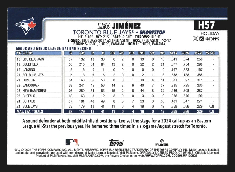 2025 Topps Holiday #H57 Leo Jimenez Toronto Blue Jays RC
