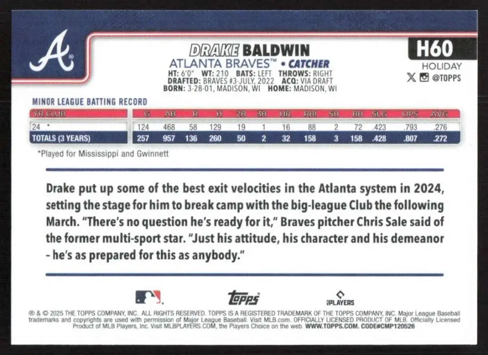 2025 Topps Holiday #H60 Drake Baldwin NM-MT RC Rookie Atlanta Braves Baseball Card - Baseball Card Single