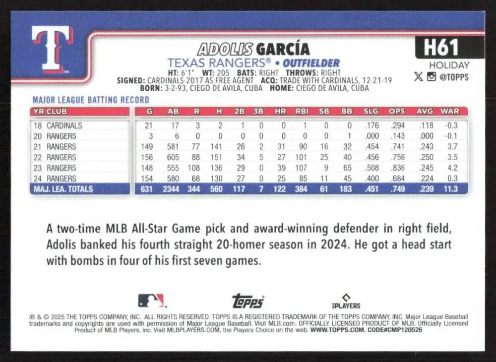 2025 Topps Holiday #H61 Adolis Garcia NM-MT Texas Rangers Baseball Card - Baseball Card Single