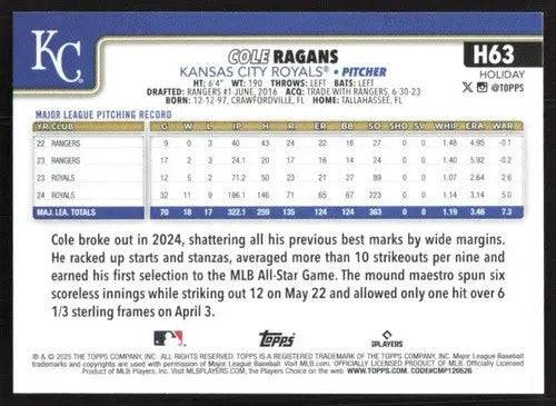 2025 Topps Holiday #H63 Cole Ragans NM-MT Royals ID:79871 - Baseball Card Single