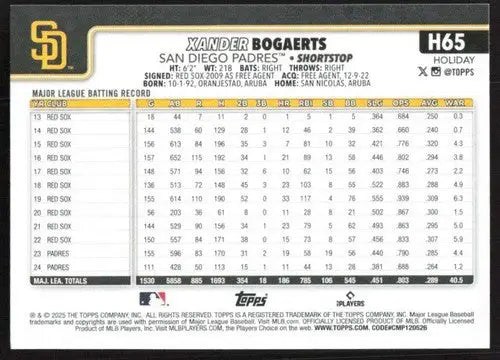 2025 Topps Holiday #H65 Xander Bogaerts NM-MT Padres ID:79873 - Baseball Card Single
