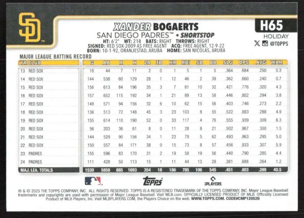 2025 Topps Holiday #H65 Xander Bogaerts NM-MT San Diego Padres Baseball Card - Baseball Card Single