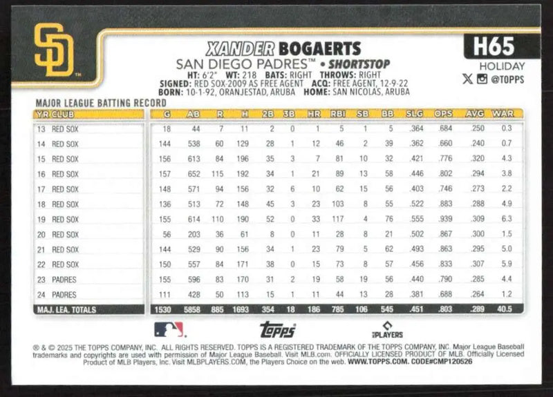 2025 Topps Holiday #H65 Xander Bogaerts NM-MT San Diego Padres Baseball Card - Baseball Card Single