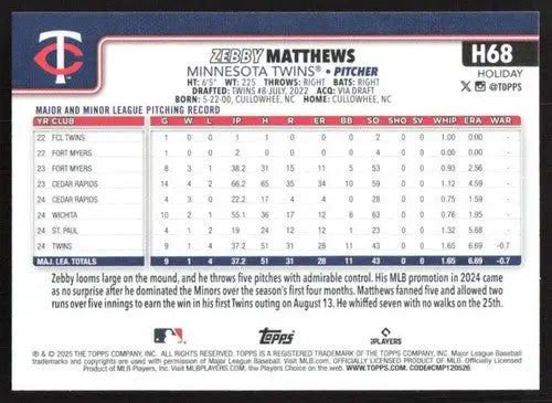2025 Topps Holiday #H68 Zebby Matthews NM-MT RC Rookie Twins ID:80567 - Baseball Card Single