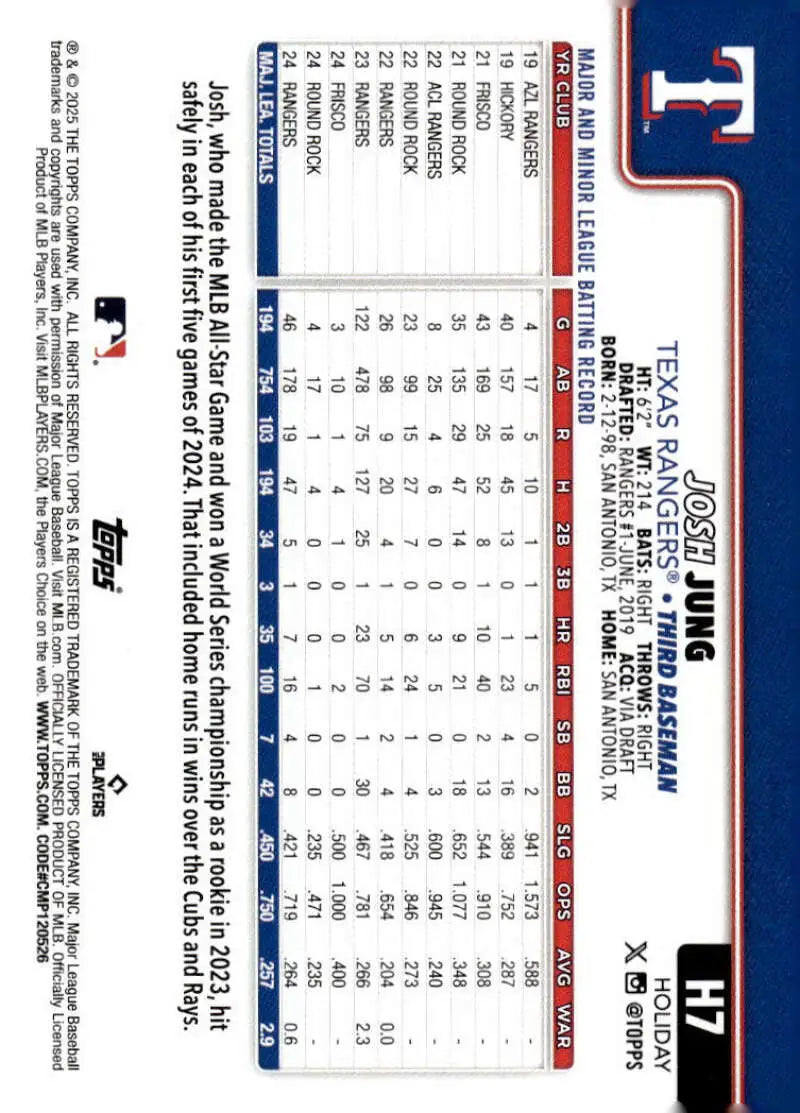 2025 Topps Holiday #H7 Josh Jung NM-MT Texas Rangers Baseball Card - Baseball Card Single