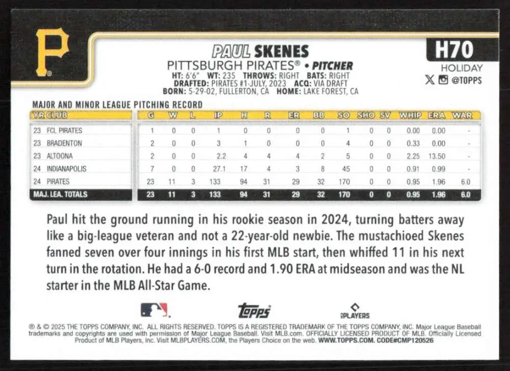 2025 Topps Holiday #H70 Paul Skenes NM-MT Pittsburgh Pirates Baseball Card - Baseball Card Single