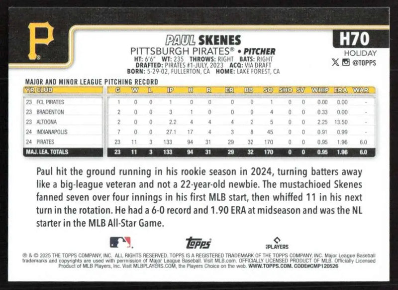 2025 Topps Holiday #H70 Paul Skenes NM-MT Pittsburgh Pirates Baseball Card - Baseball Card Single