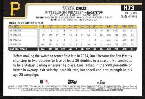 2025 Topps Holiday #H73 Oneil Cruz NM-MT Pirates ID:80569 - Baseball Card Single