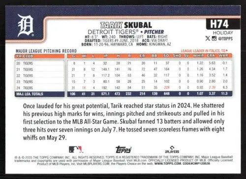2025 Topps Holiday #H74 Tarik Skubal NM-MT Tigers ID:80570 - Baseball Card Single