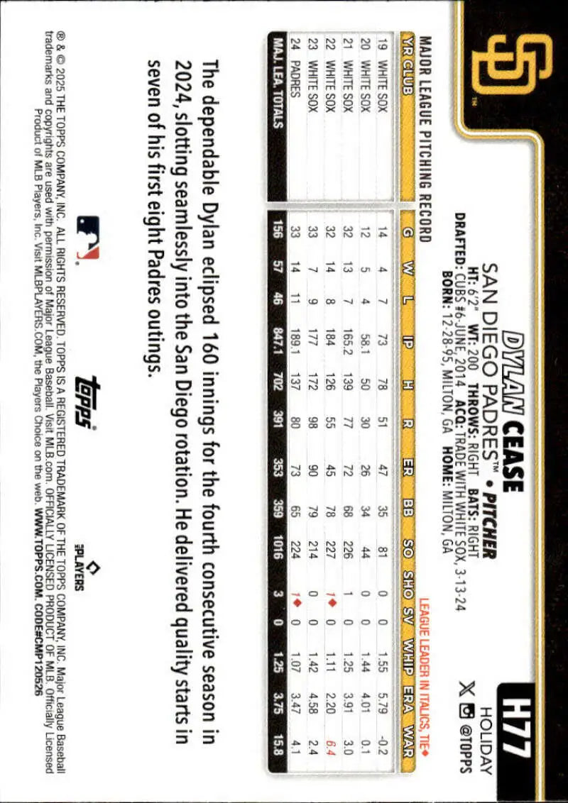 2025 Topps Holiday #H77 Dylan Cease NM-MT San Diego Padres Baseball Card - Baseball Card Single