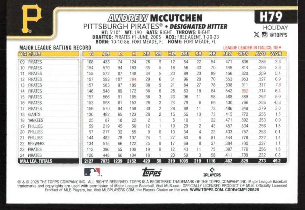 2025 Topps Holiday #H79 Andrew McCutchen NM-MT Pittsburgh Pirates Baseball Card - Baseball Card Single