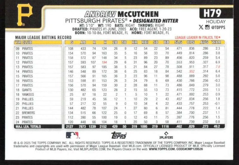 2025 Topps Holiday #H79 Andrew McCutchen NM-MT Pittsburgh Pirates Baseball Card - Baseball Card Single