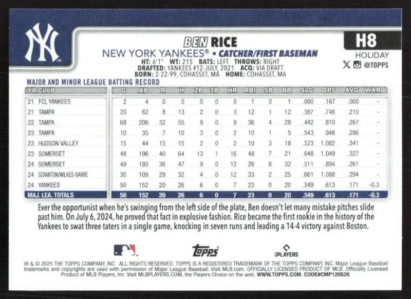 2025 Topps Holiday #H8 Ben Rice NM-MT RC Rookie New York Yankees Baseball Card - Baseball Card Single