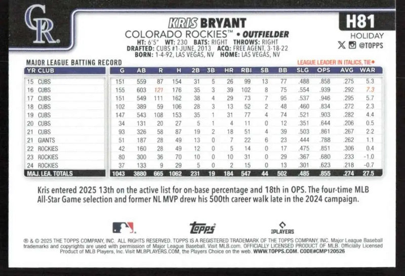 2025 Topps Holiday #H81 Kris Bryant NM-MT Colorado Rockies Baseball Card - Baseball Card Single
