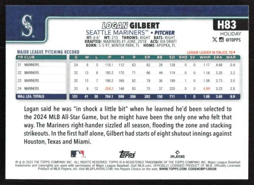 2025 Topps Holiday #H83 Logan Gilbert NM-MT Seattle Mariners Baseball Card - Baseball Card Single