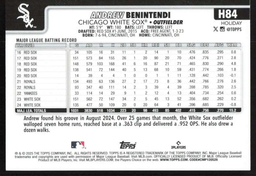 2025 Topps Holiday #H84 Andrew Benintendi NM-MT Chicago White Sox Baseball Card - Baseball Card Single