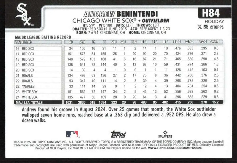 2025 Topps Holiday #H84 Andrew Benintendi NM-MT Chicago White Sox Baseball Card - Baseball Card Single