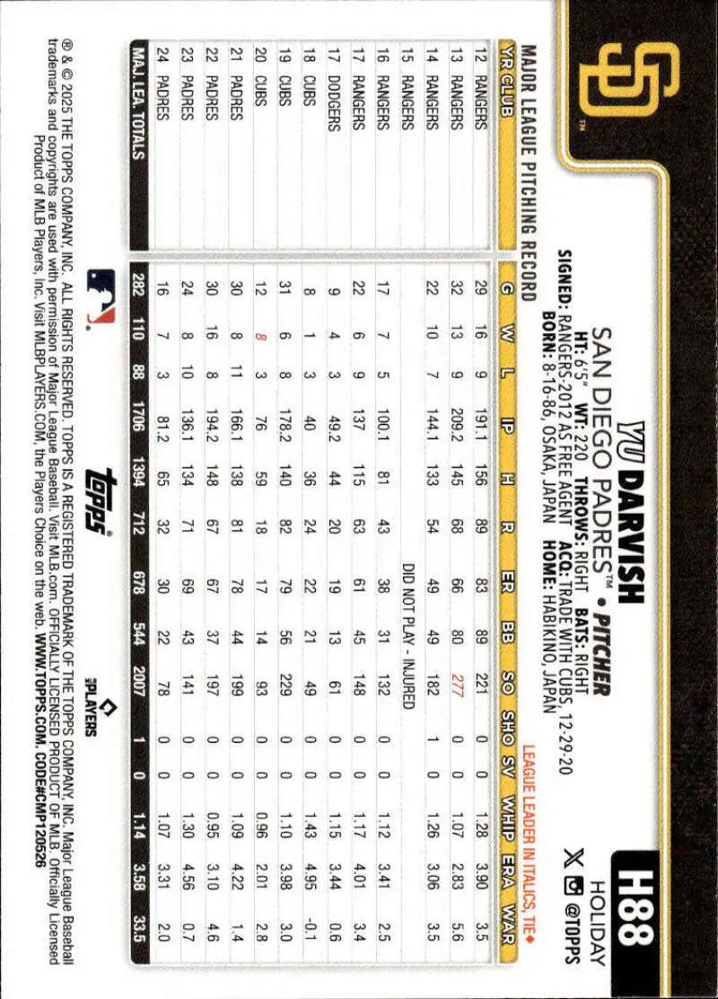 2025 Topps Holiday #H88 Yu Darvish NM-MT San Diego Padres Baseball Card - Baseball Card Single