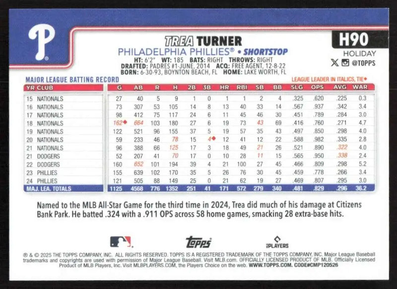 2025 Topps Holiday #H90 Trea Turner NM-MT Philadelphia Phillies Baseball Card - Baseball Card Single