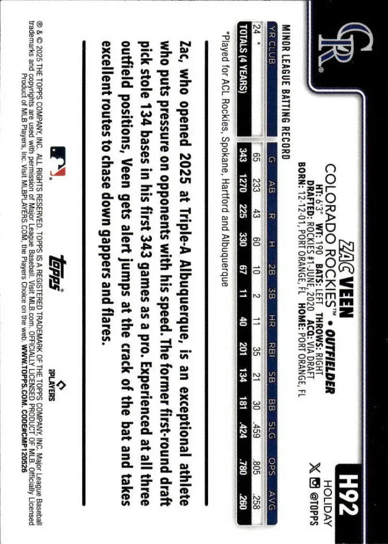 2025 Topps Holiday #H92 Zac Veen NM-MT RC Rookie Colorado Rockies Baseball Card - Baseball Card Single