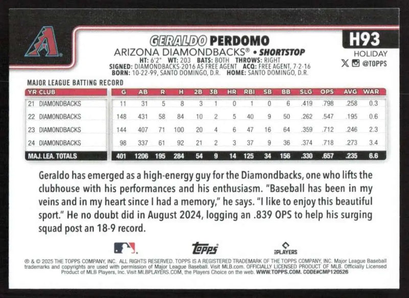 2025 Topps Holiday #H93 Geraldo Perdomo NM-MT Arizona Diamondbacks Baseball Card - Baseball Card Single
