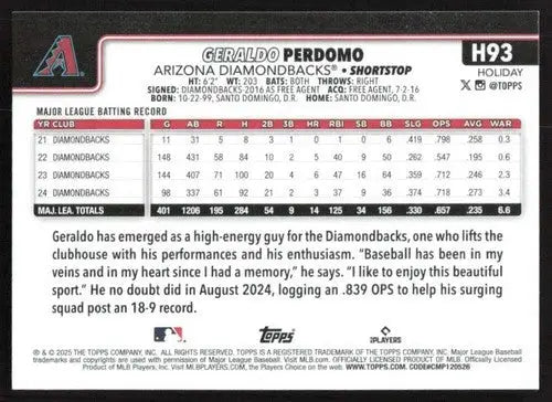 2025 Topps Holiday #H93 Geraldo Perdomo NM-MT Diamondbacks ID:80574 - Baseball Card Single