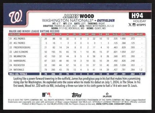 2025 Topps Holiday #H94 James Wood NM-MT RC Rookie Nationals ID:79894 - Baseball Card Single