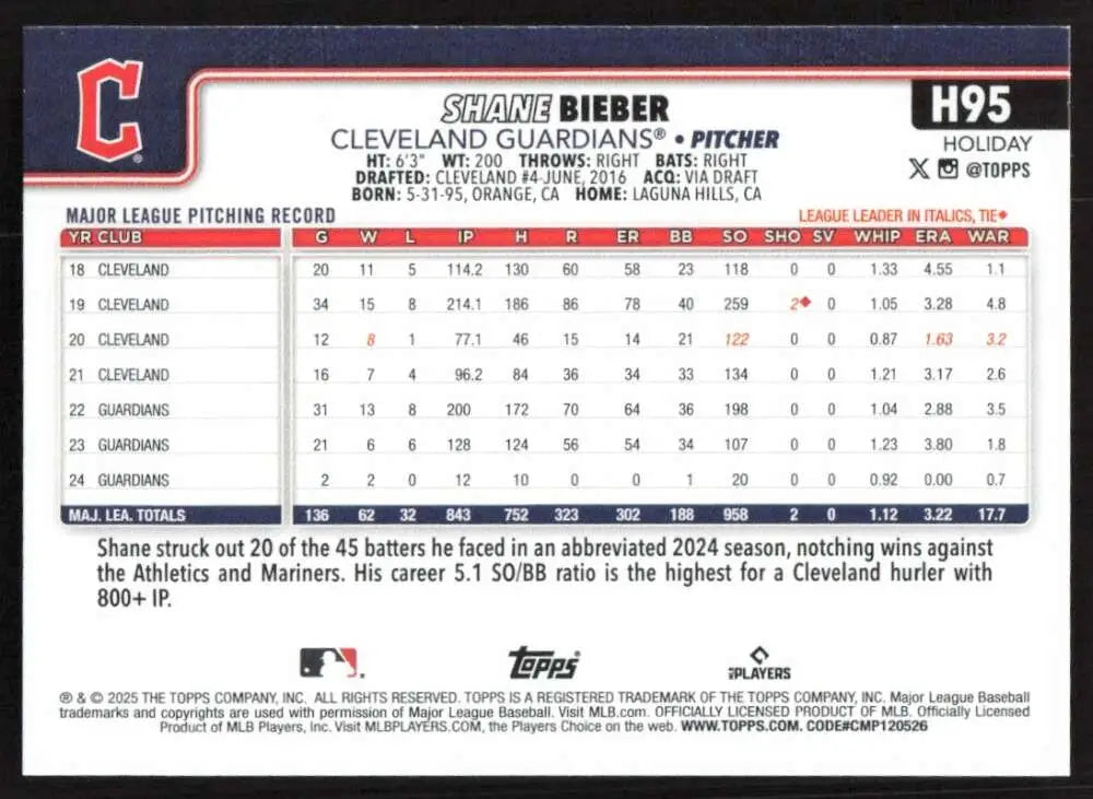 2025 Topps Holiday #H95 Shane Bieber NM-MT Cleveland Guardians Baseball Card - Baseball Card Single