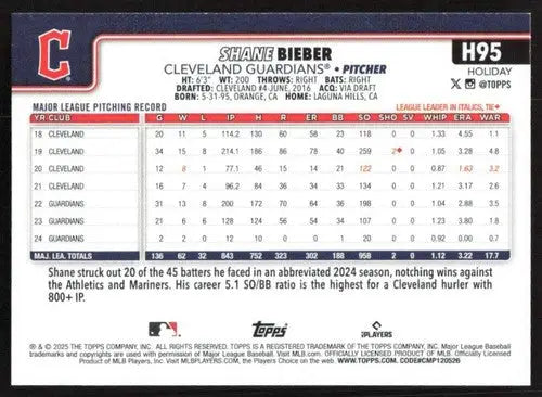 2025 Topps Holiday #H95 Shane Bieber NM-MT Guardians ID:79895 - Baseball Card Single