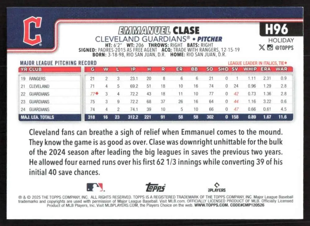 2025 Topps Holiday #H96 Emmanuel Clase NM-MT Cleveland Guardians Baseball Card - Baseball Card Single
