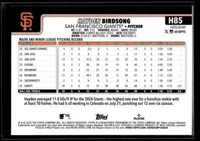 2025 Topps Holiday Hayden Birdsong #H85 RC San Francisco Giants