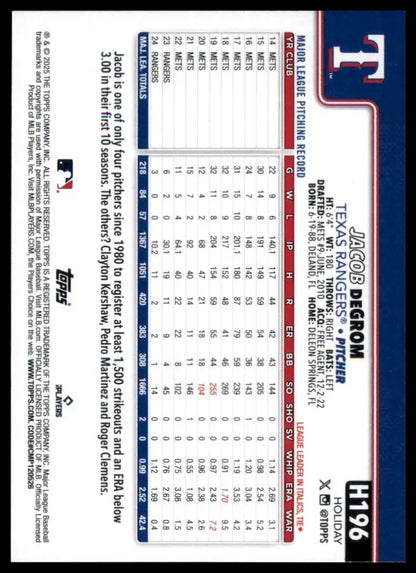 2025 Topps Holiday Jacob deGrom #H196 Texas Rangers Baseball Card MLB Sports - Baseball Card