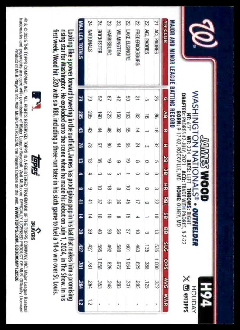 2025 Topps Holiday James Wood Rookie #H94 Washington Nationals Baseball Card MLB - Baseball Card Single