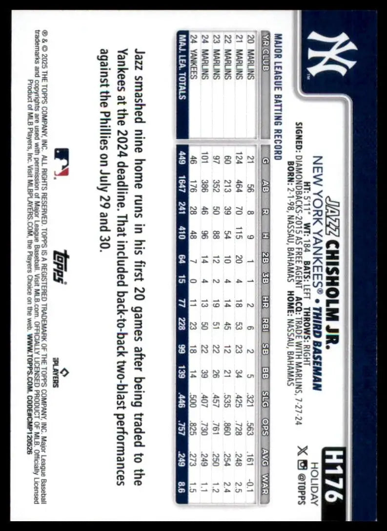 2025 Topps Holiday Jazz Chisholm Jr #H176 New York Yankees Baseball Card MLB - Baseball Card Single