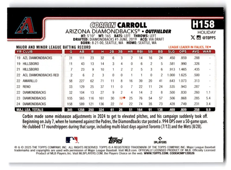 2025 Topps Holiday Light Blue and White Glitter Holiday #H158 Corbin Ca ID:80545 - Baseball Card Single