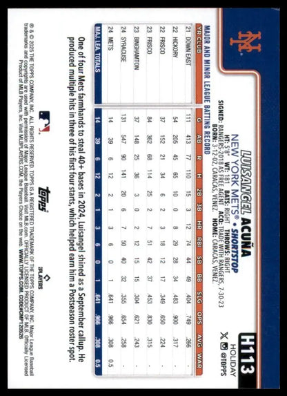 2025 Topps Holiday Luisangel Acuna Rookie #H113 New York Mets Baseball Card MLB - Baseball Card