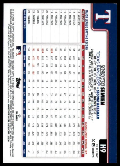 2025 Topps Holiday Marcus Semien #H9 Texas Rangers Baseball Card MLB Sports - Baseball Card