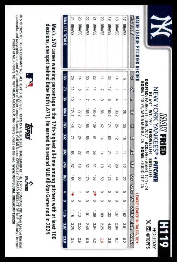 2025 Topps Holiday Max Fried #H119 New York Yankees Baseball Card MLB Sports - Baseball Card Single