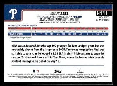 2025 Topps Holiday Mick Abel #H111 Green Holiday Plaid RC Philadelphia Phillies