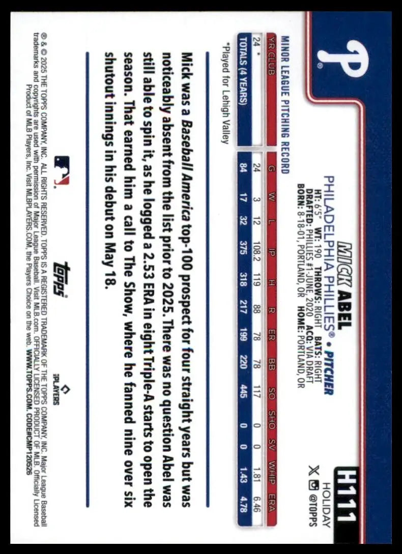 2025 Topps Holiday Mick Abel Rookie #H111 Philadelphia Phillies Baseball Card - Baseball Card Single