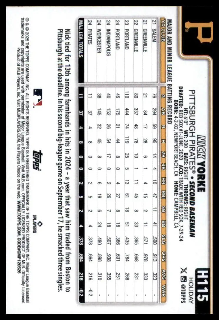 2025 Topps Holiday Nick Yorke Rookie #H115 Pittsburgh Pirates Baseball Card MLB - Baseball Card