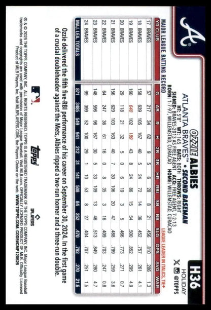 2025 Topps Holiday Ozzie Albies #H36 Atlanta Braves Baseball Card MLB Sports - Baseball Card