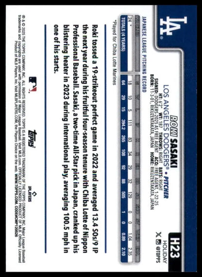 2025 Topps Holiday Roki Sasaki Rookie #H23 Los Angeles Dodgers Baseball Card MLB - Baseball Card