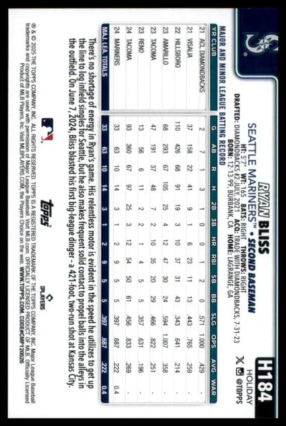 2025 Topps Holiday Ryan Bliss Rookie #H184 Seattle Mariners Baseball Card MLB Sp